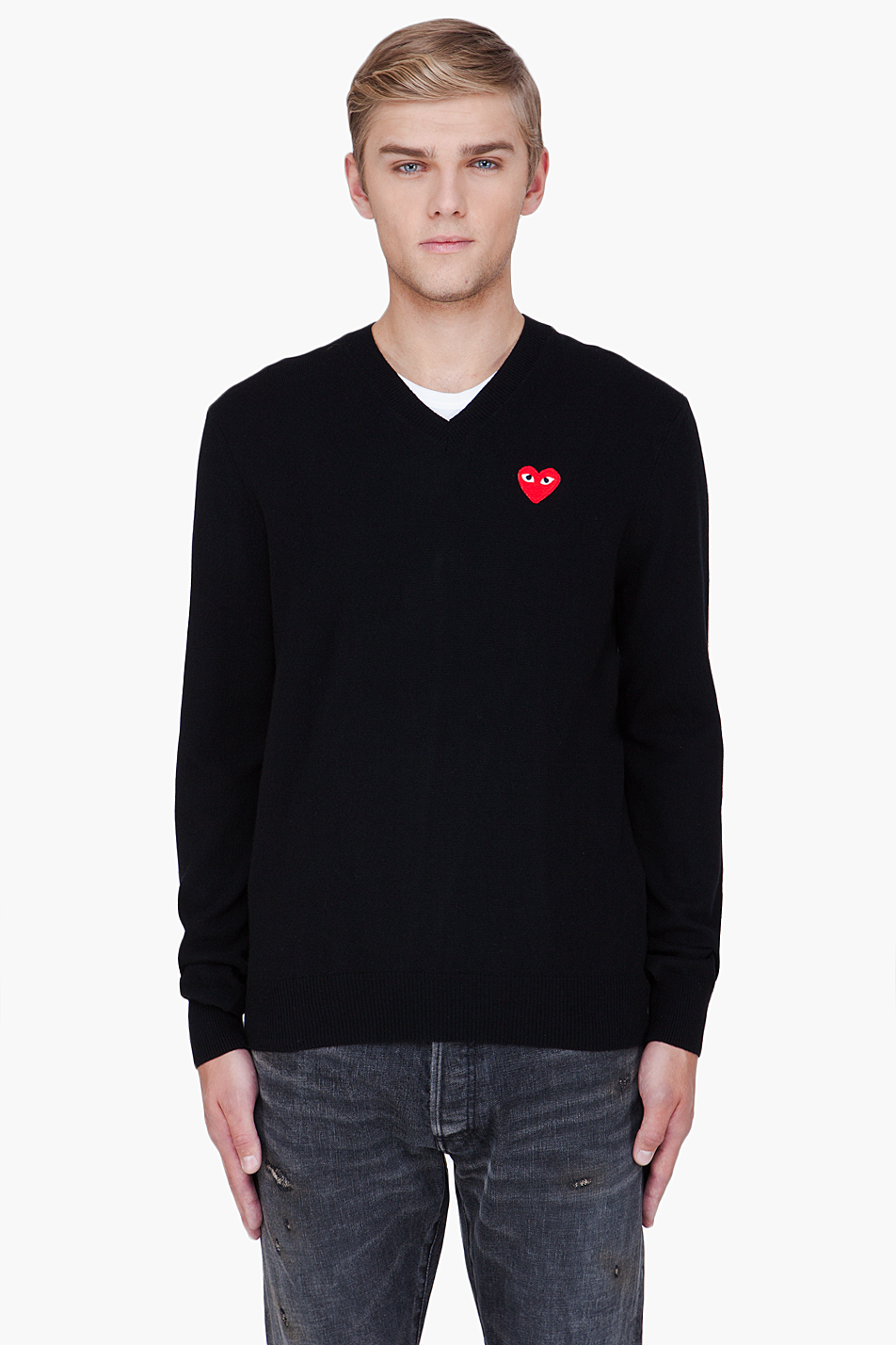 Play Comme Des Garçons Wool Red Emblem Sweater in Black for Men | Lyst