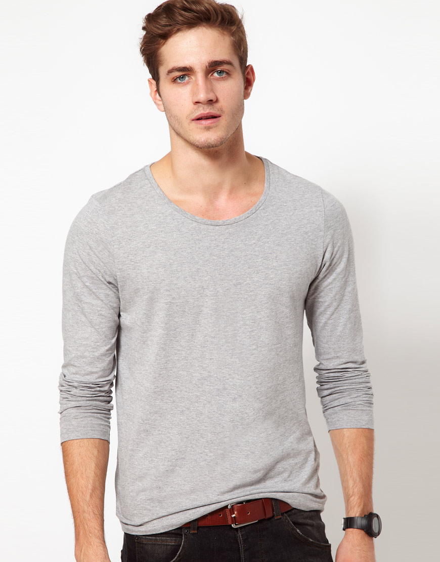 Asos Long Sleeve T Shirt With Scoop Neck In Gray For Men