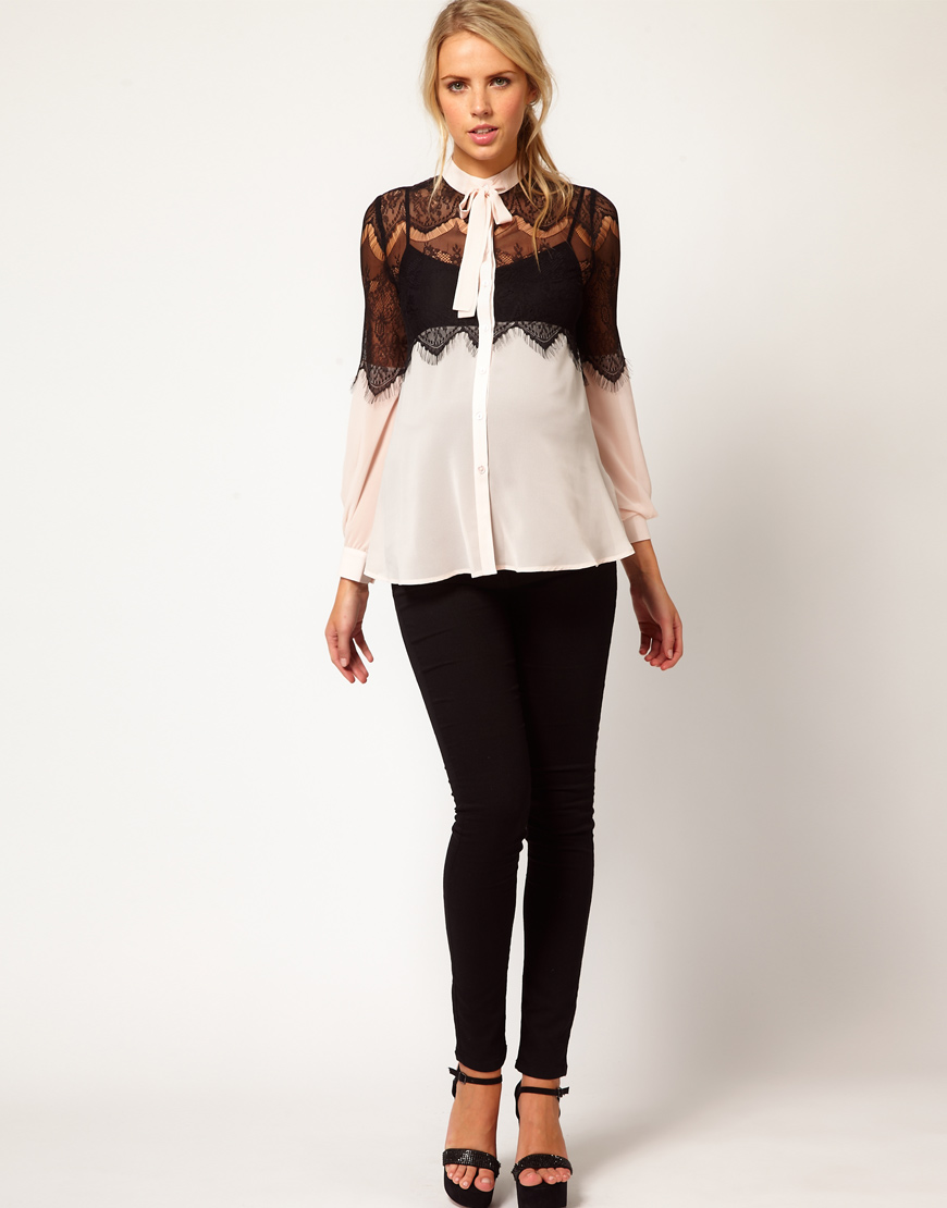 Lyst - Asos Lace Insert Pussy Bow Blouse in Black