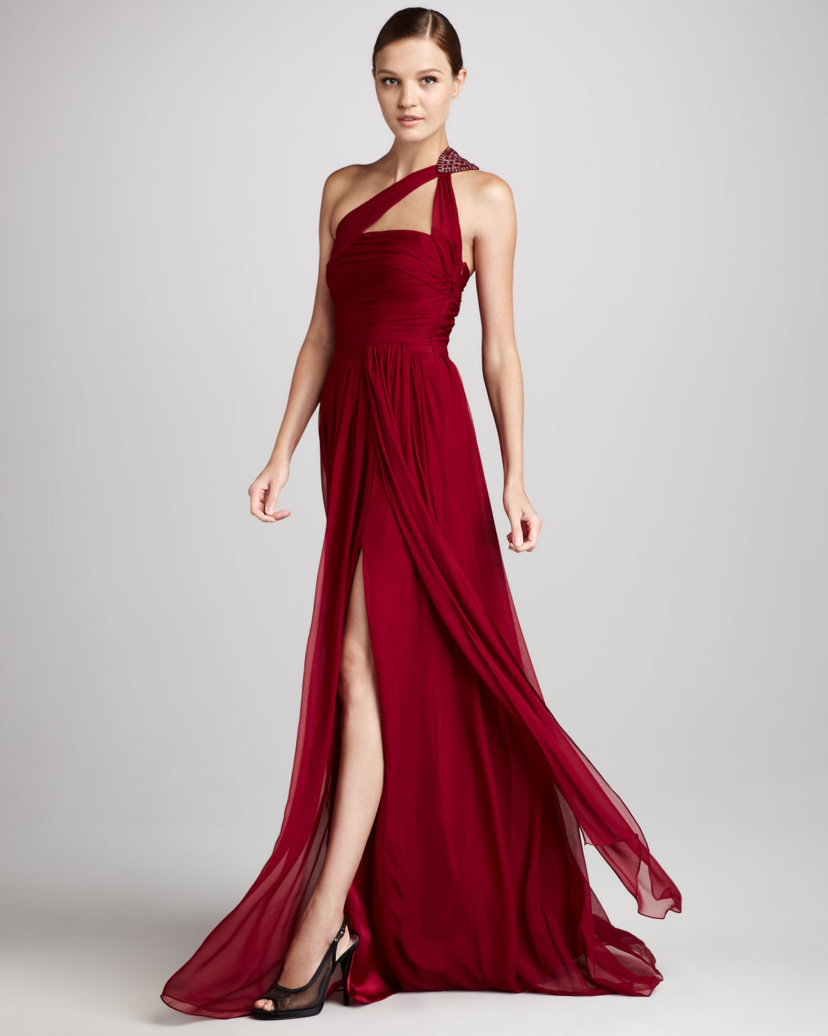 Lyst - Ml Monique Lhuillier One-shoulder Beaded Chiffon Gown in Red