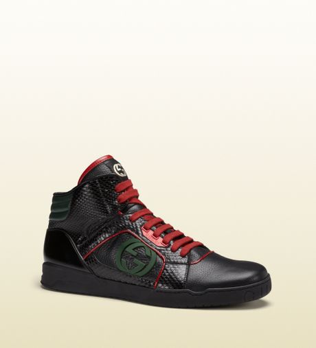 Gucci Black Leather with Green and Red Details Hitop Sneaker in Black ...