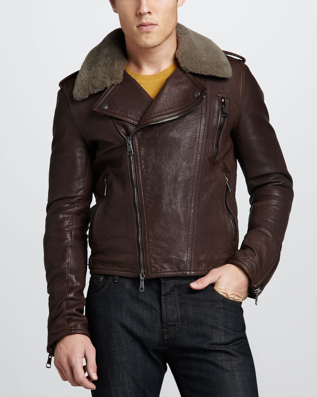 Lyst Burberry Brit Fur Collar Leather Er Jacket In Brown For Men Gallery