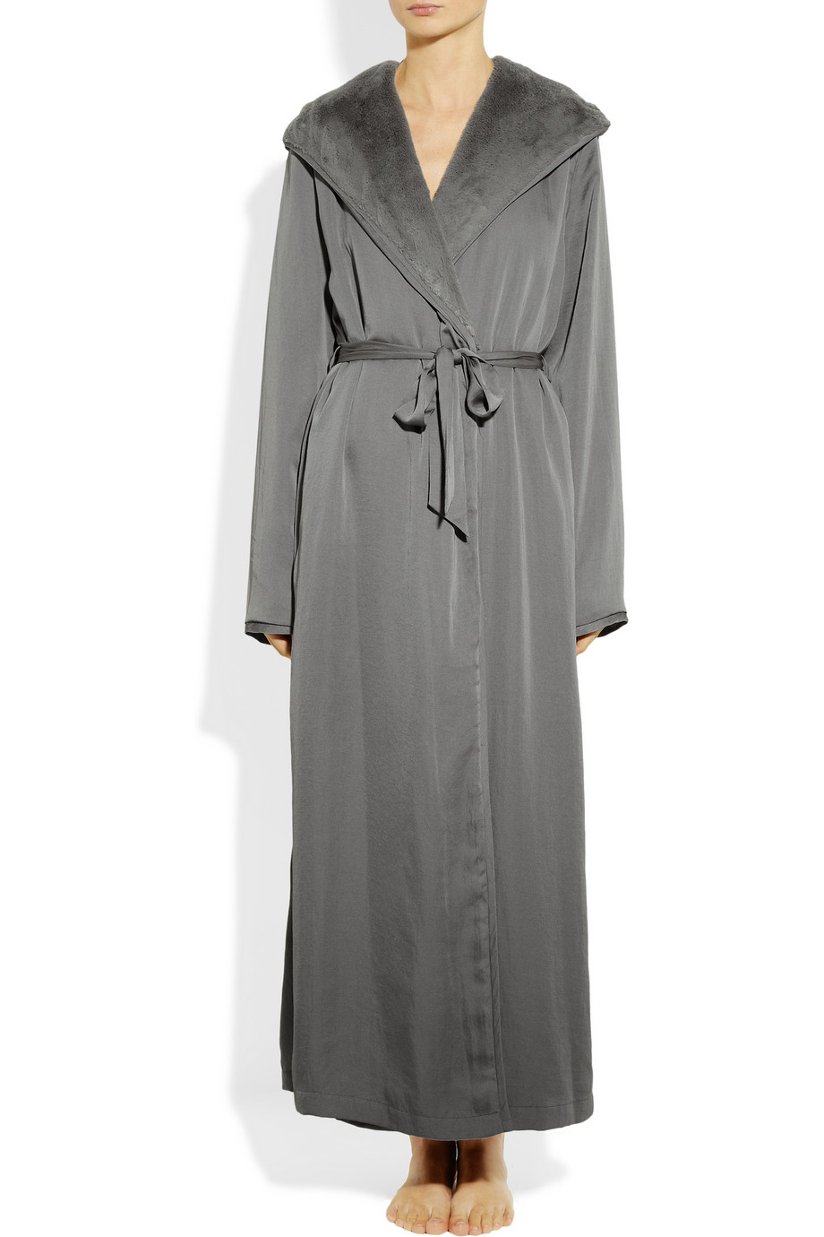 Donna karan Hooded Faux Furlined Satin Robe in Gray Lyst