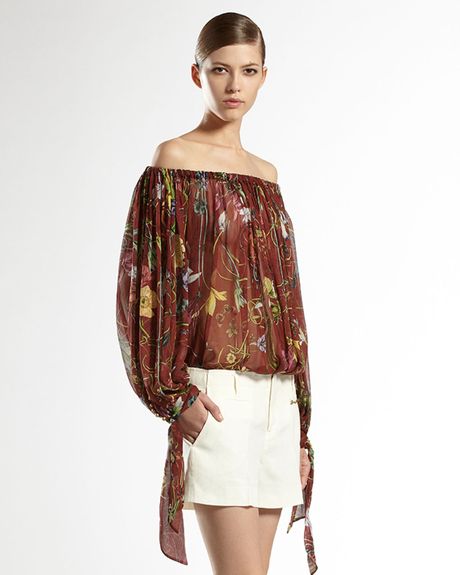 Gucci Flora Print Gatheredneck Top in Brown (floral) | Lyst