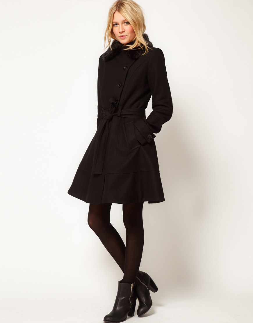 Lyst - Asos Collection Fur Trim Fit and Flare Coat in Black