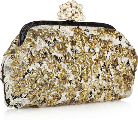 Dolce & Gabbana Miss Dea Handembroidered Caimantrimmed Lace Clutch in ...