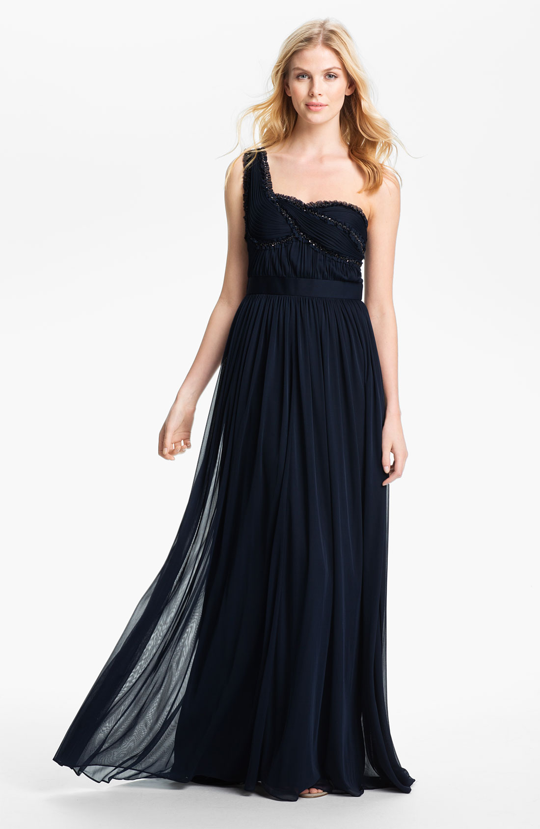 Adrianna Papell One Shoulder Embellished Bodice Pleated Gown in Blue ...