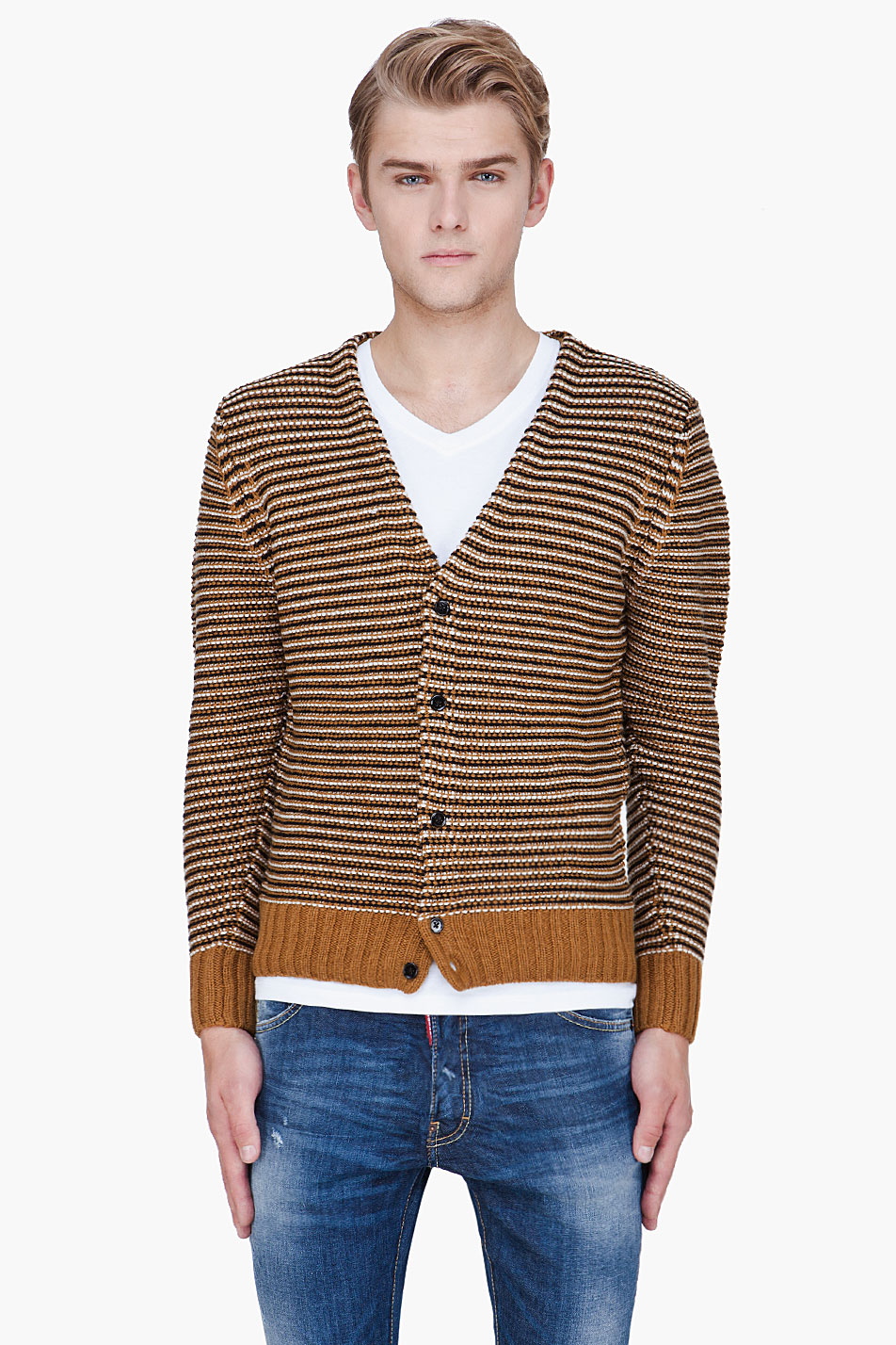 Carven Tan Textured Merino Wool Knit Cardigan in Brown for Men (tan) | Lyst