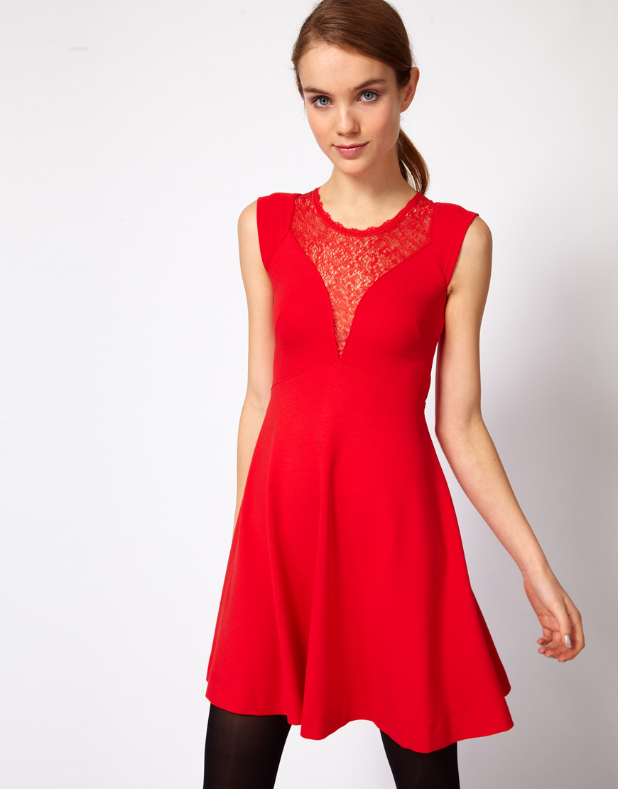 Lyst - French Connection Lace Insert Skater Dress in Red