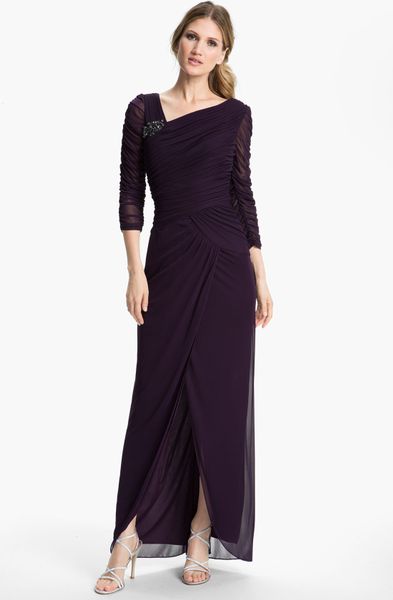 Adrianna Papell Sheer Sleeve Ruched Gown in Purple (aubergine) | Lyst