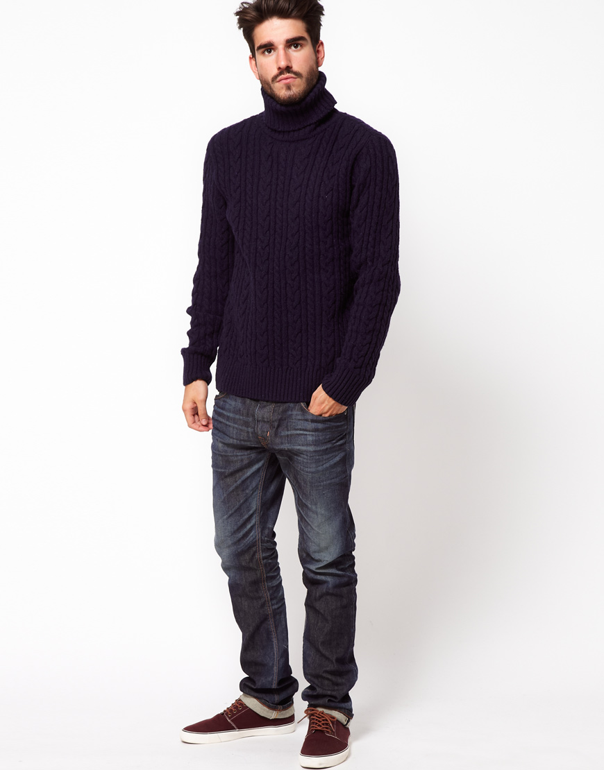 Lyst - Edwin Cable Knit Jumper with Roll Neck in Blue for Men