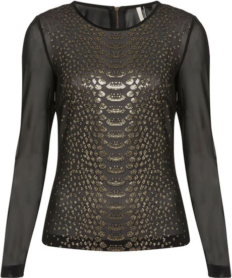 Topshop Premium Sequin Snake Mesh Top in Gold (black) | Lyst