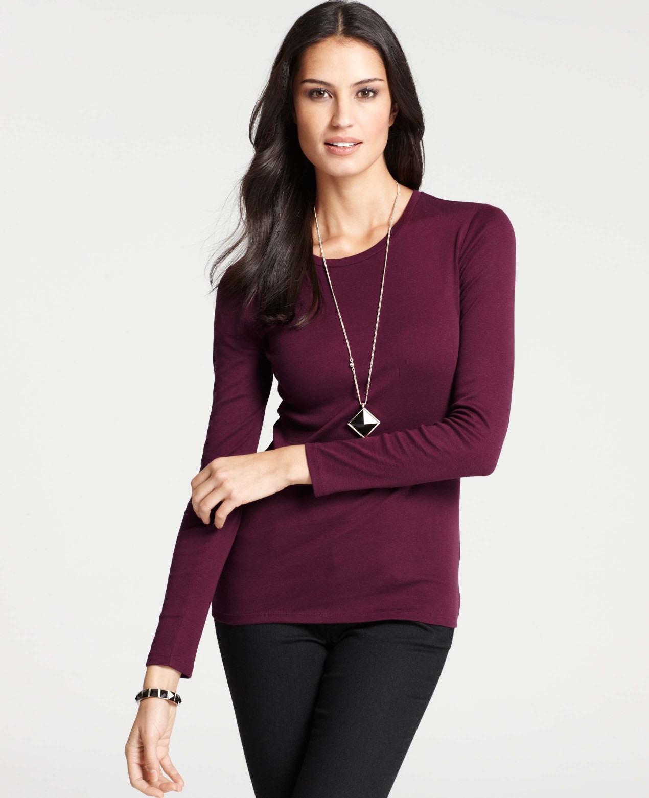 Ann Taylor Petite Cotton Jewel Neck Long Sleeve Tee in Purple (port) | Lyst