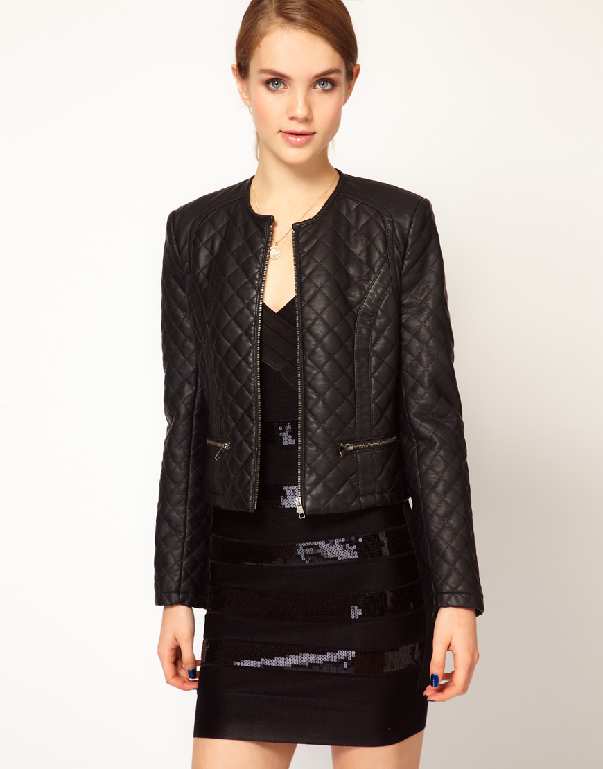 French Connection Leather Look Quilted Biker Jacket in Black | Lyst