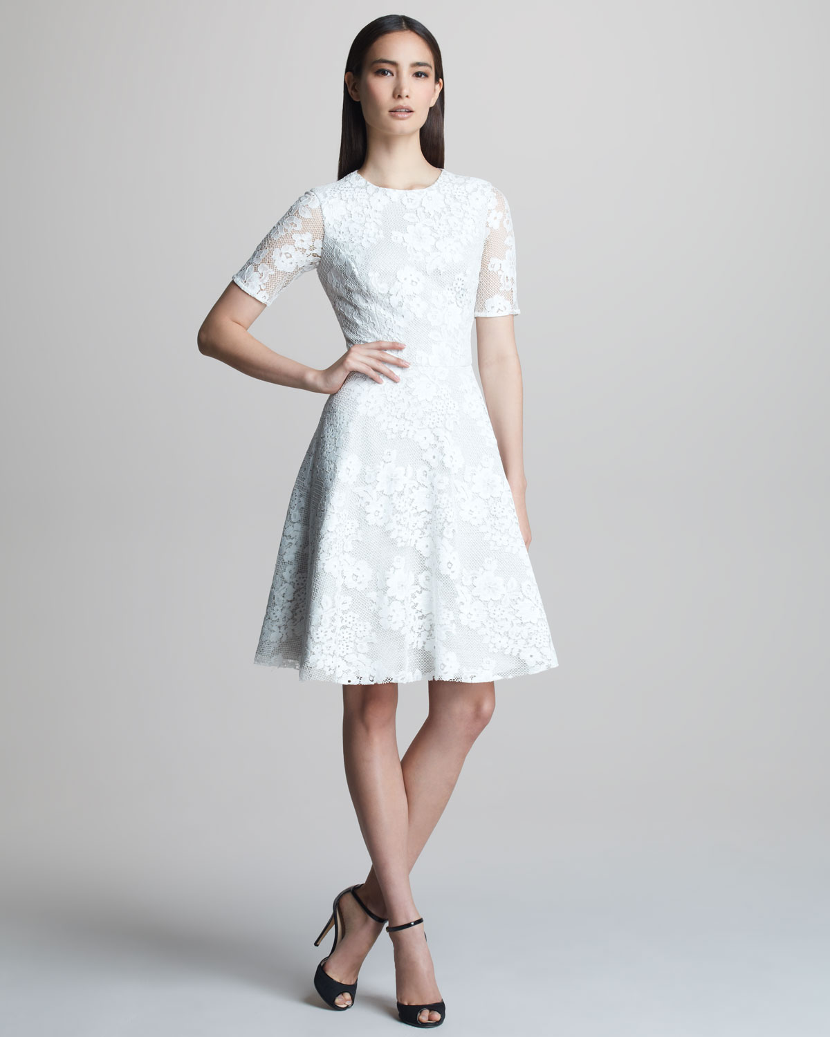 Lyst Monique Lhuillier Lace Half Sleeve Fit And Flare Dress In White Gallery