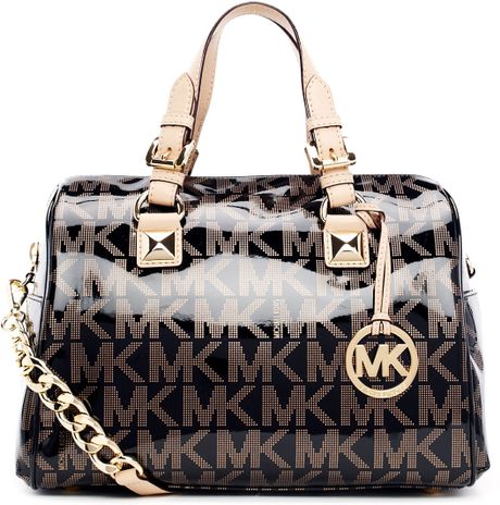 Michael Michael Kors Medium Grayson Patent Logo Satchel with Strap in ...