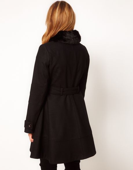 Asos Curve Fur Trim Fit Flare Coat in Black | Lyst