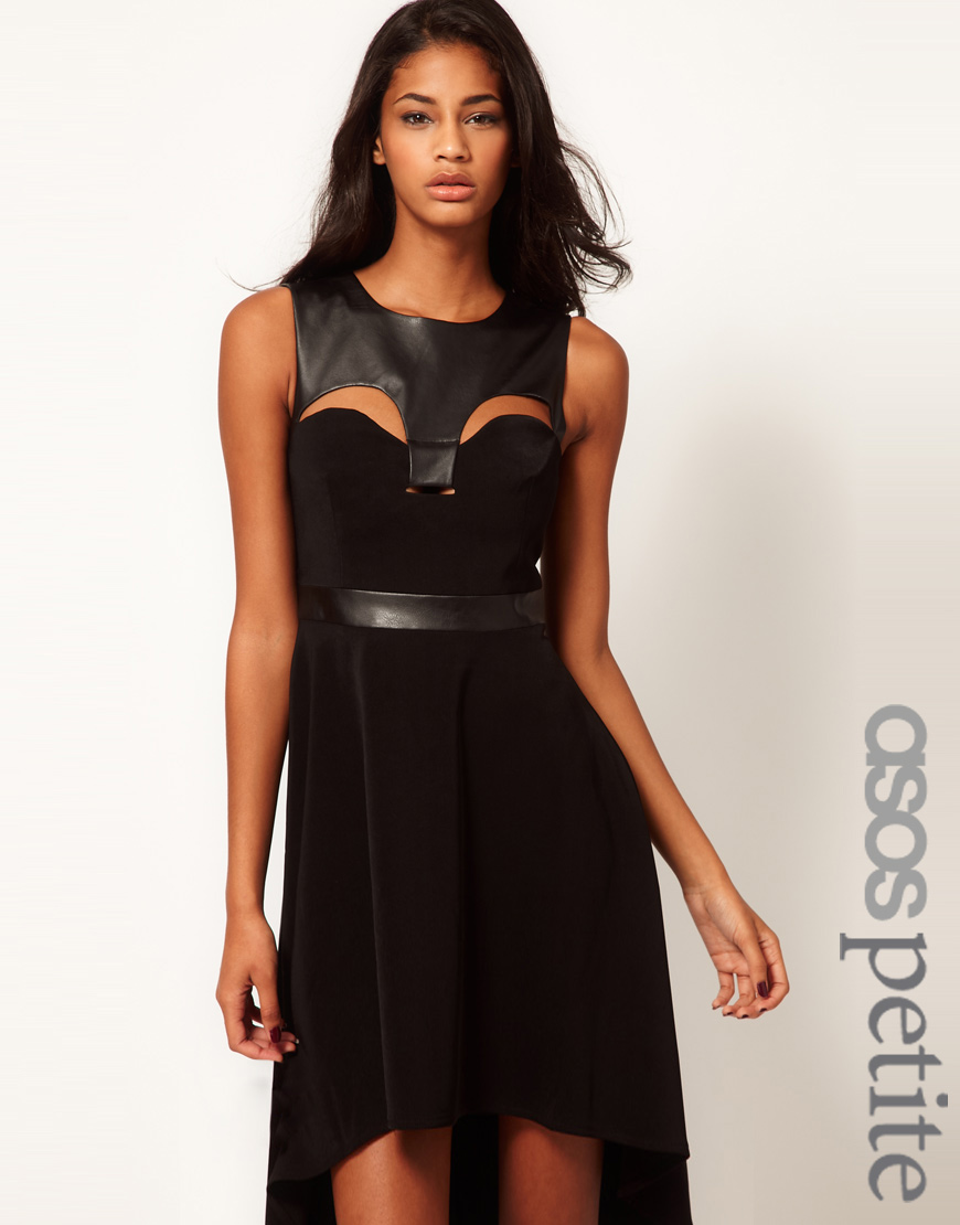 Asos Dress with Faux Leather Panel and Hi Lo Hem in Black | Lyst