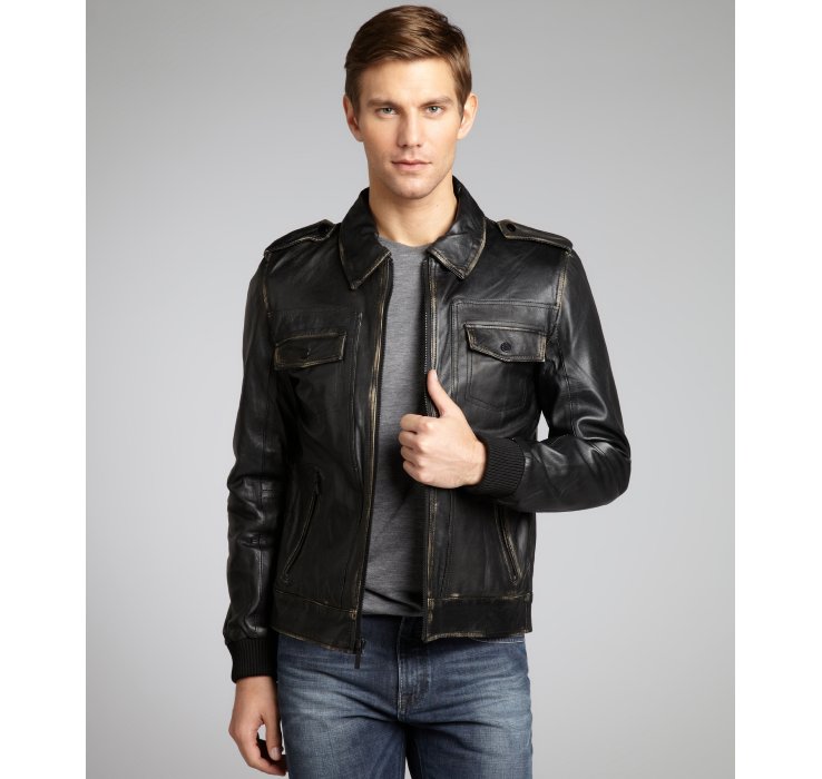 Kenneth Cole Black Distressed Leather Motorcycle Jacket in Black for ...