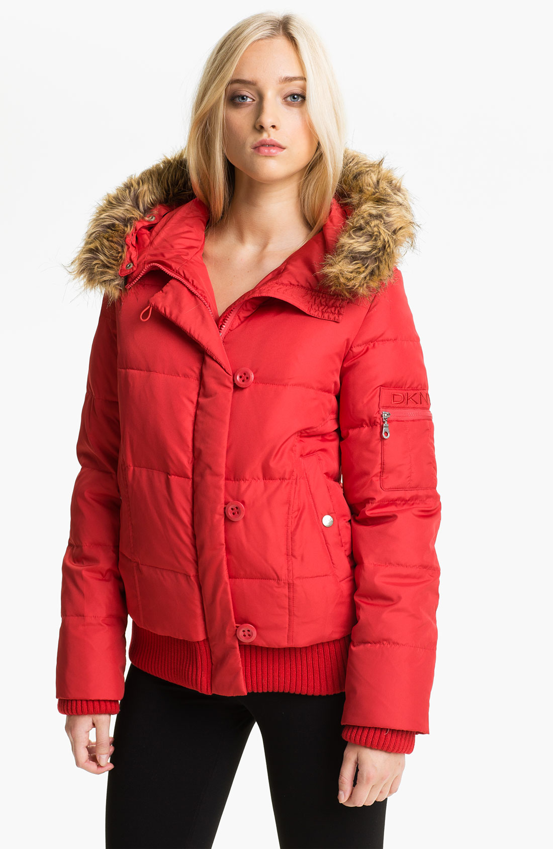 Dkny Faux Fur Trim Split Hood Quilted Bomber Online Exclusive in Red | Lyst