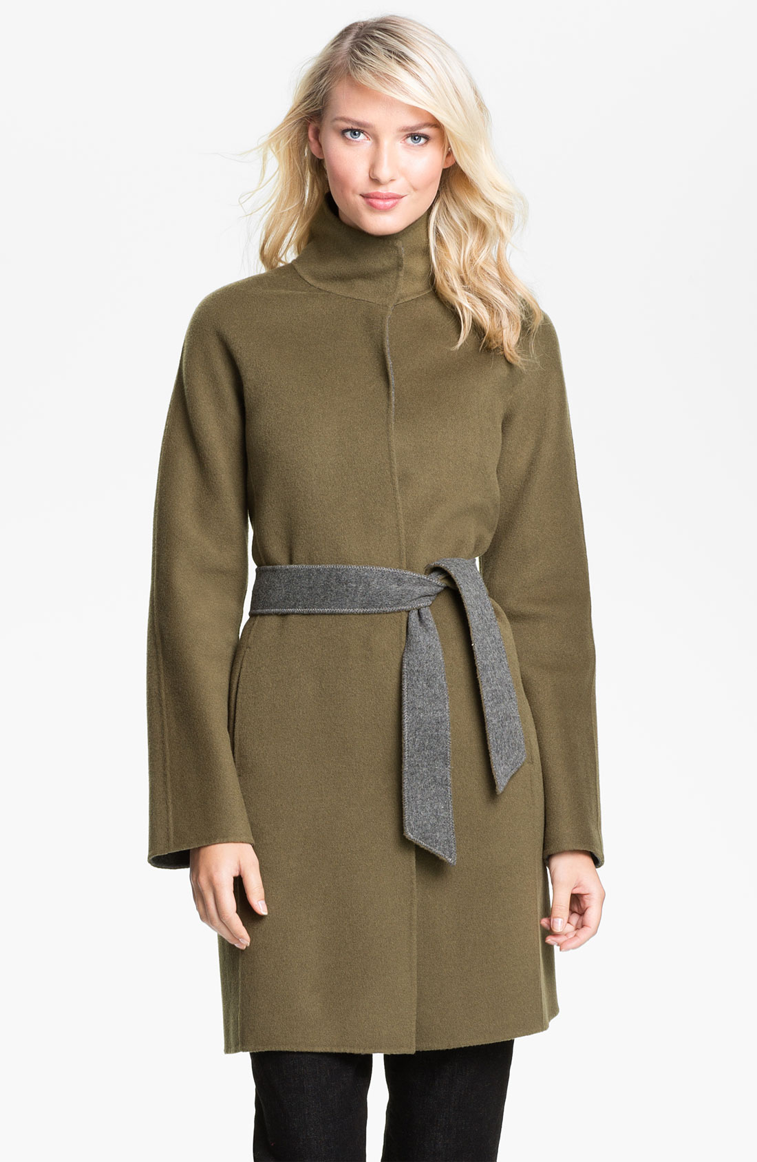 Eileen Fisher High Collar Belted Coat in Green (cypress) | Lyst