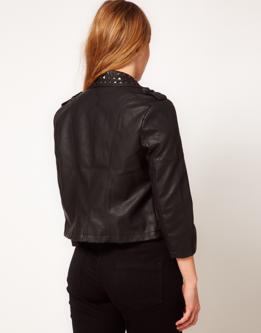 Asos Leather Look Biker Jacket With Studded Collar In Black Lyst Gallery