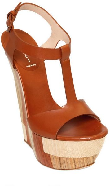 Casadei Wood Leather Tbar Wedges in Brown (tan) | Lyst