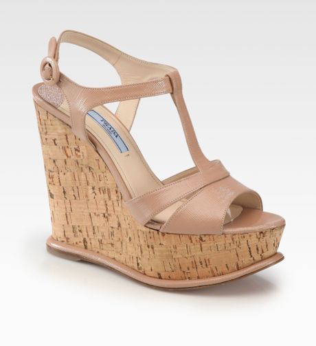 Prada Platform Cork Wedge Sandals in Beige (cammeo-beige) | Lyst
