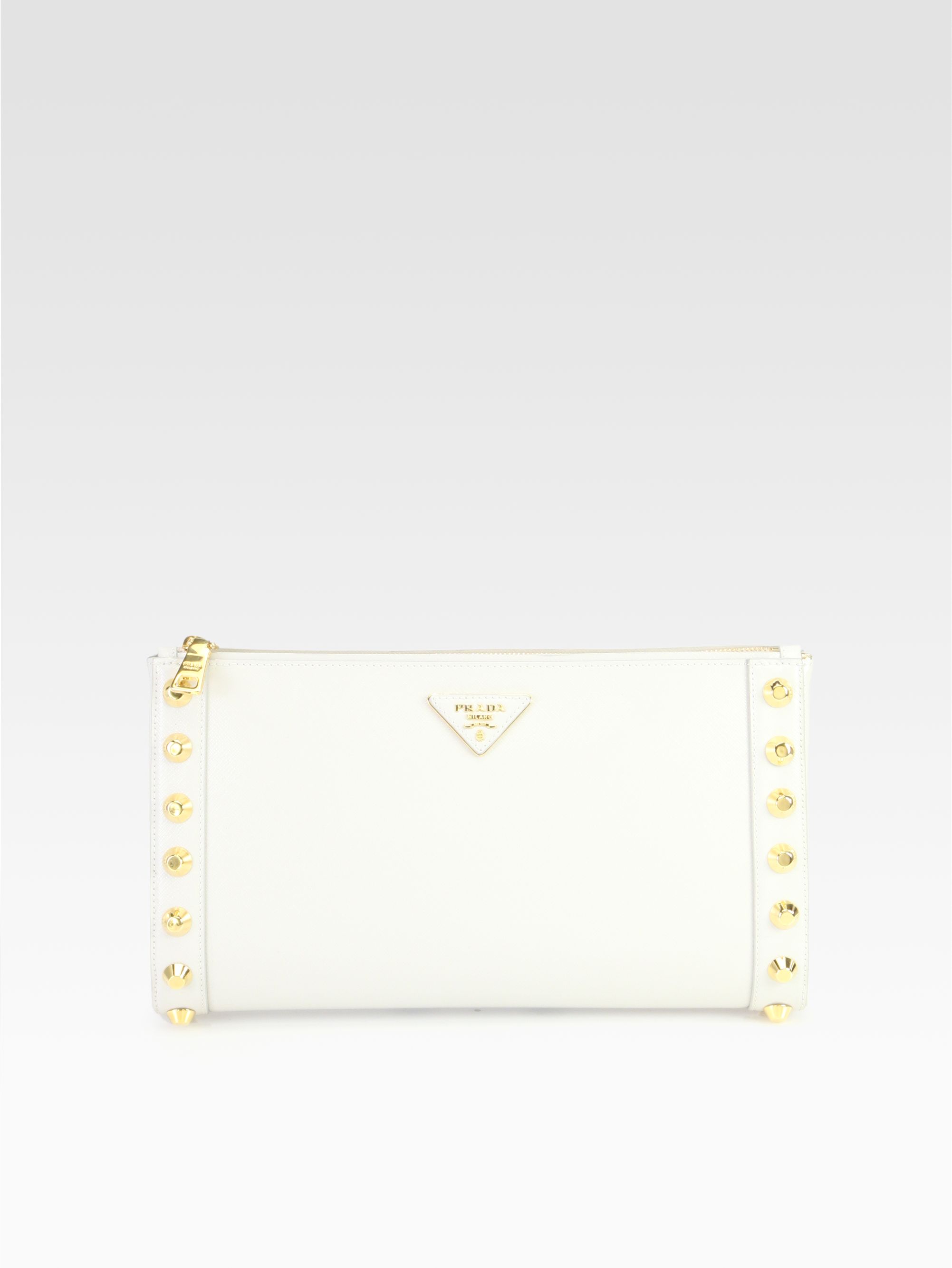 prada knockoffs handbags - Prada Saffiano Vernice Studded Clutch in White | Lyst