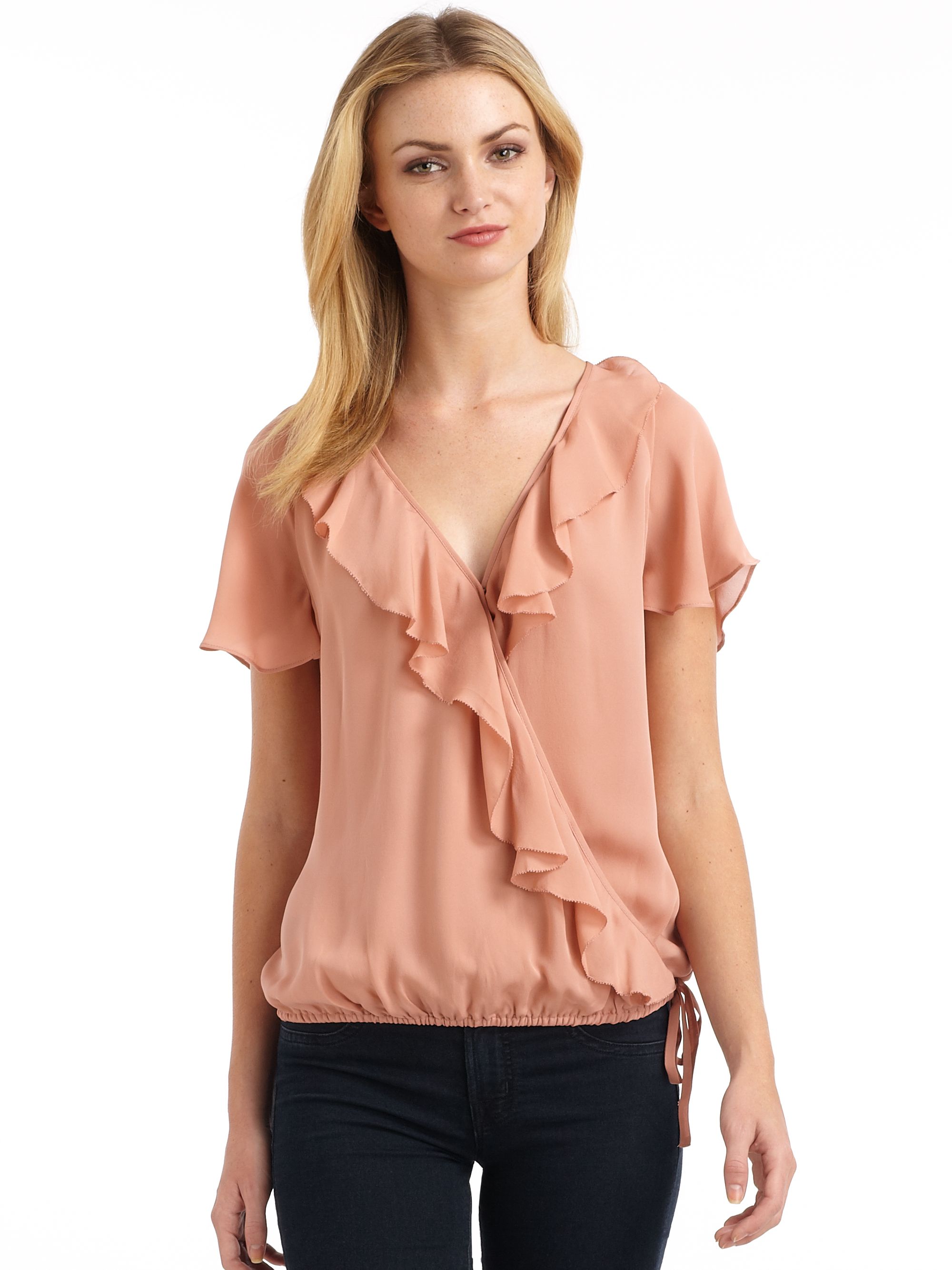 Joie Ulani Silk Chffion Ruffle Drawstring Blouse in Pink | Lyst