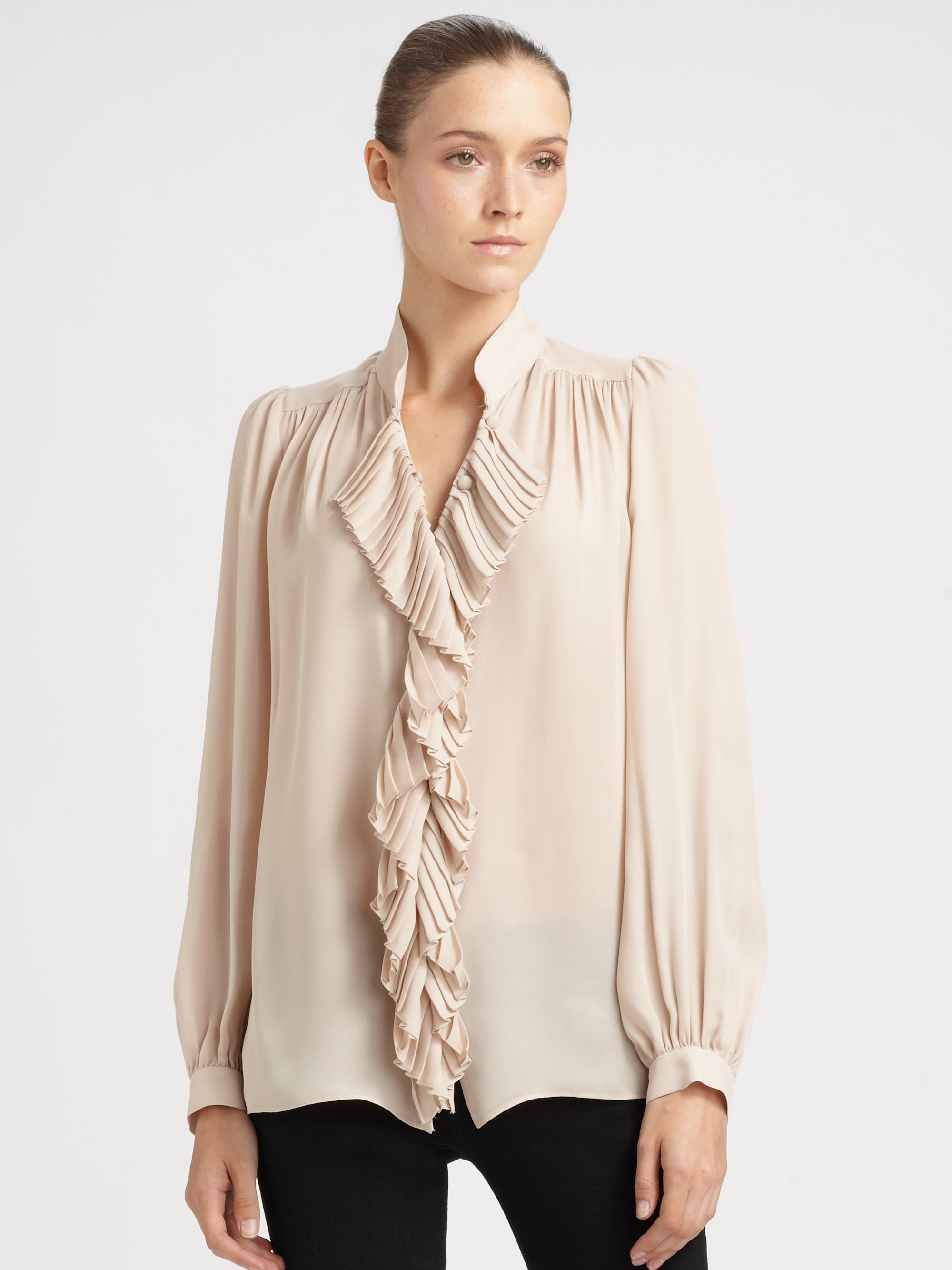 Milly Ruffle Cascade Silk Blouse in Beige | Lyst