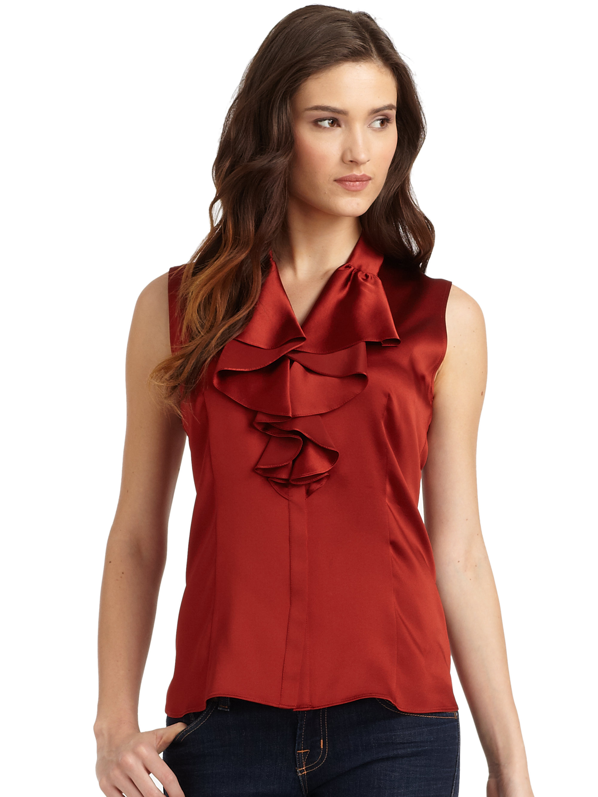 Lafayette 148 new york Briella Ruffled Satin Blouse in Red Lyst