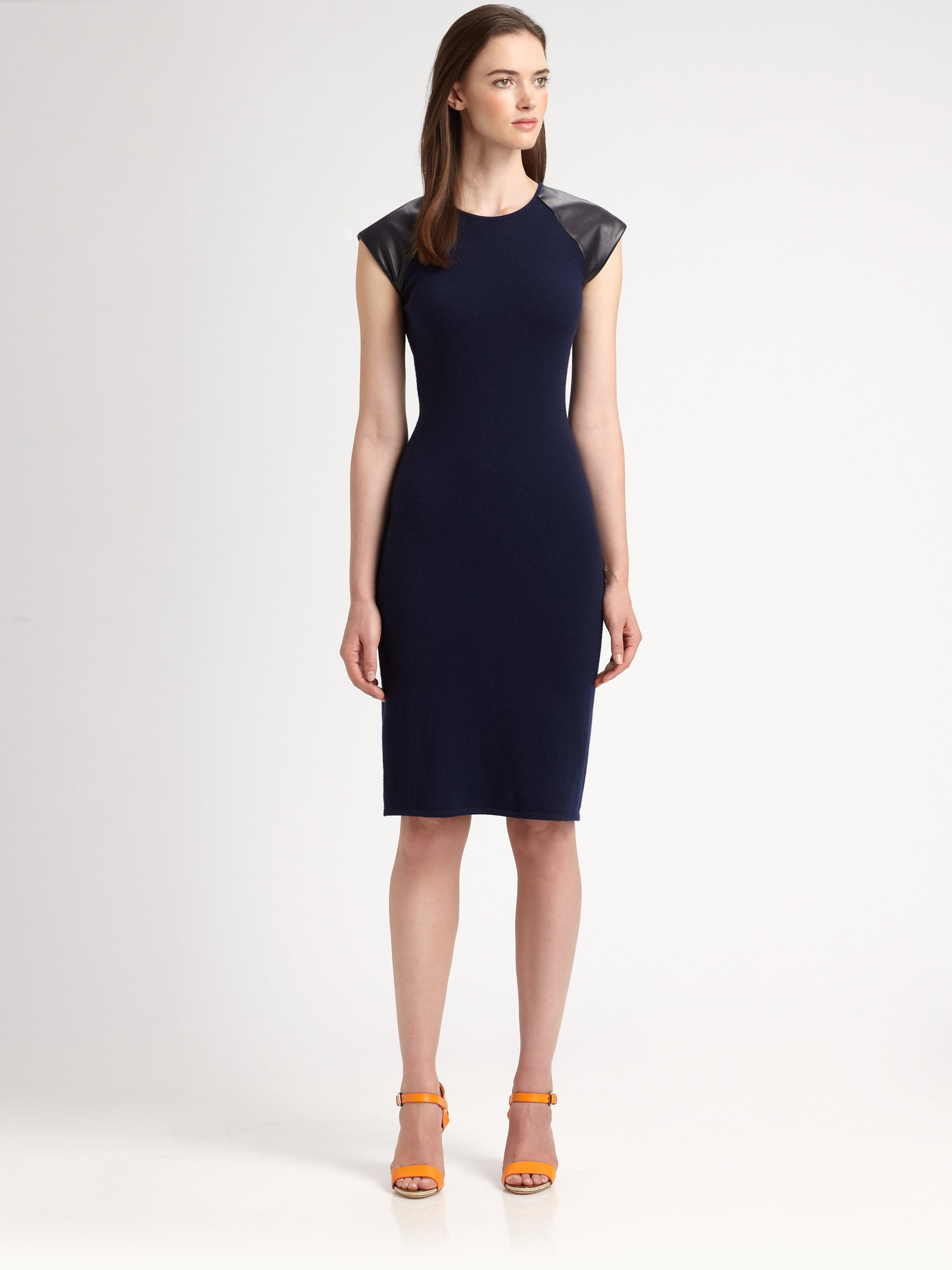 Lyst Ralph Lauren Black Label Leather Trimmed Dress In Blue Gallery