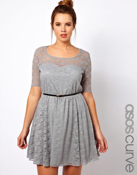 Asos Curve Lace Skater Dress with Belt in Gray (grey) | Lyst