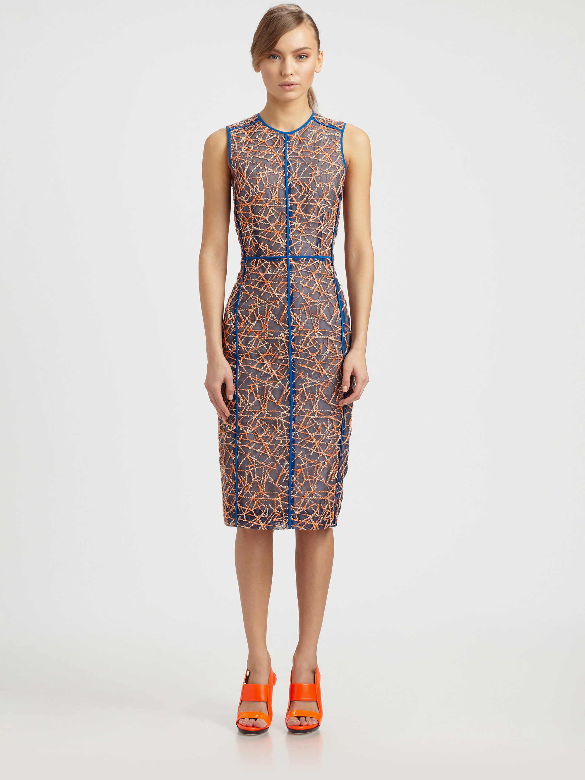 Lyst Reed Krakoff Embroidered Organza Tweed Dress In Orange Gallery