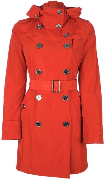 Burberry Brit Double Breasted Trench Coat with Hood in Red | Lyst