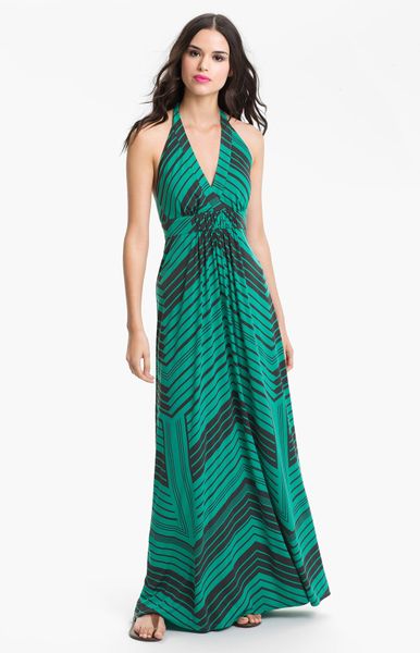 Jessica Simpson Stripe Halter Maxi Dress in Green | Lyst