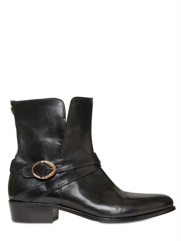 roberto cavalli side buckle leather boots