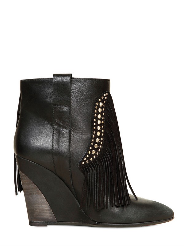 Lyst Strategia Leather and Suede Fringe Wedge Boots in Black