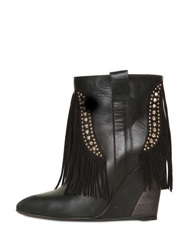Lyst Strategia Leather and Suede Fringe Wedge Boots in Black