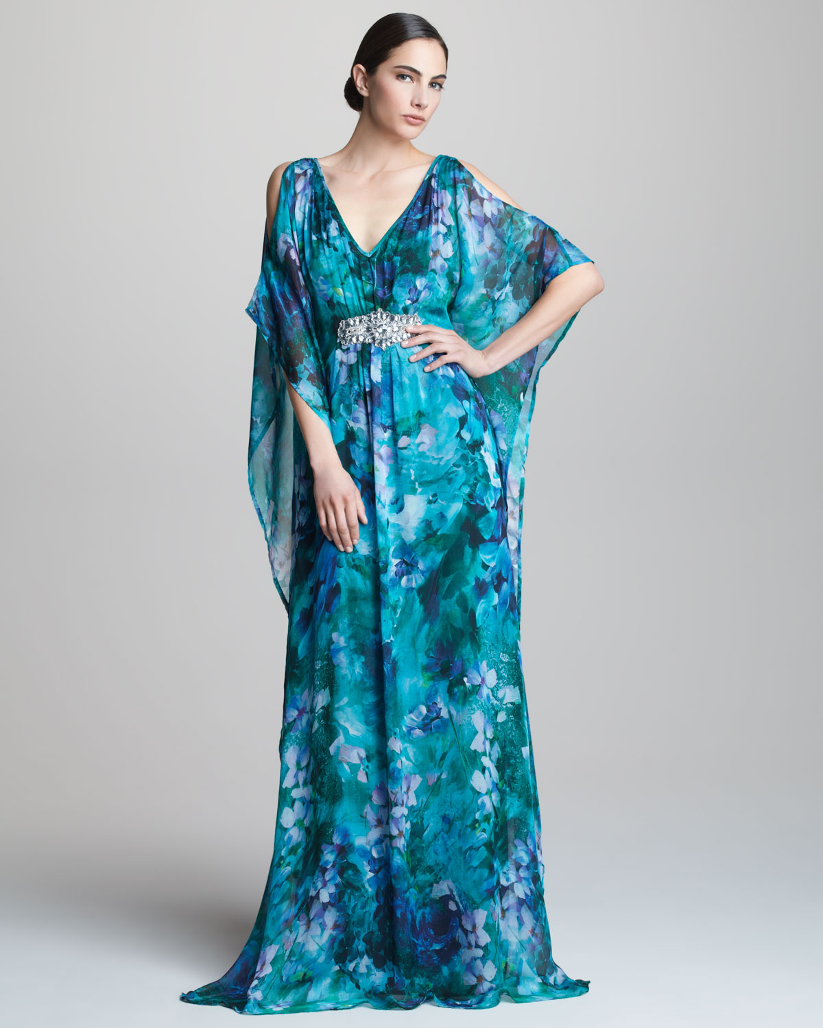 Lyst - Badgley Mischka Coldshoulder Caftan Gown in Blue