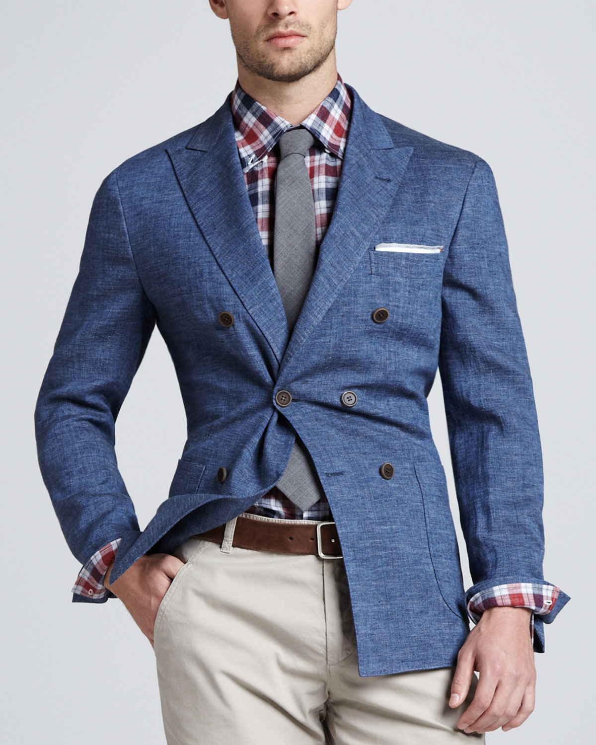 Lyst - Brunello Cucinelli Doublebreasted Linen Jacket in Blue for Men