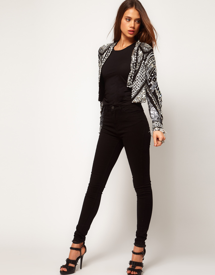 Lyst - Asos Trophy Jacket with Pearl Grid Embellishment in Black