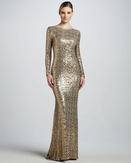Badgley Mischka Collection Sequined Gown with Cowl Back in Gold | Lyst