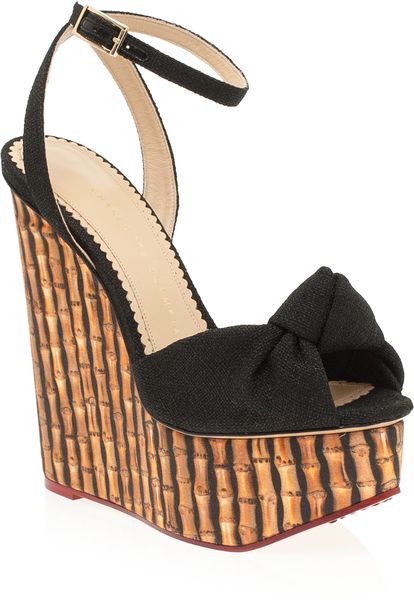 Charlotte Olympia Bamboo Wedge Linen Sandals in Black (multi) | Lyst
