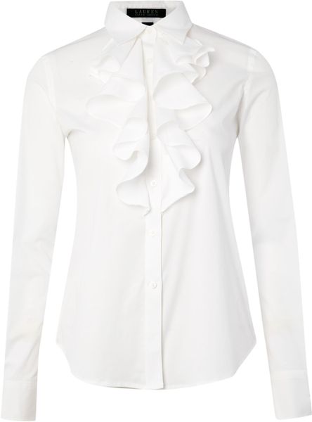 Lauren By Ralph Lauren Long Sleeved Ruffle Neck Shirt in White | Lyst