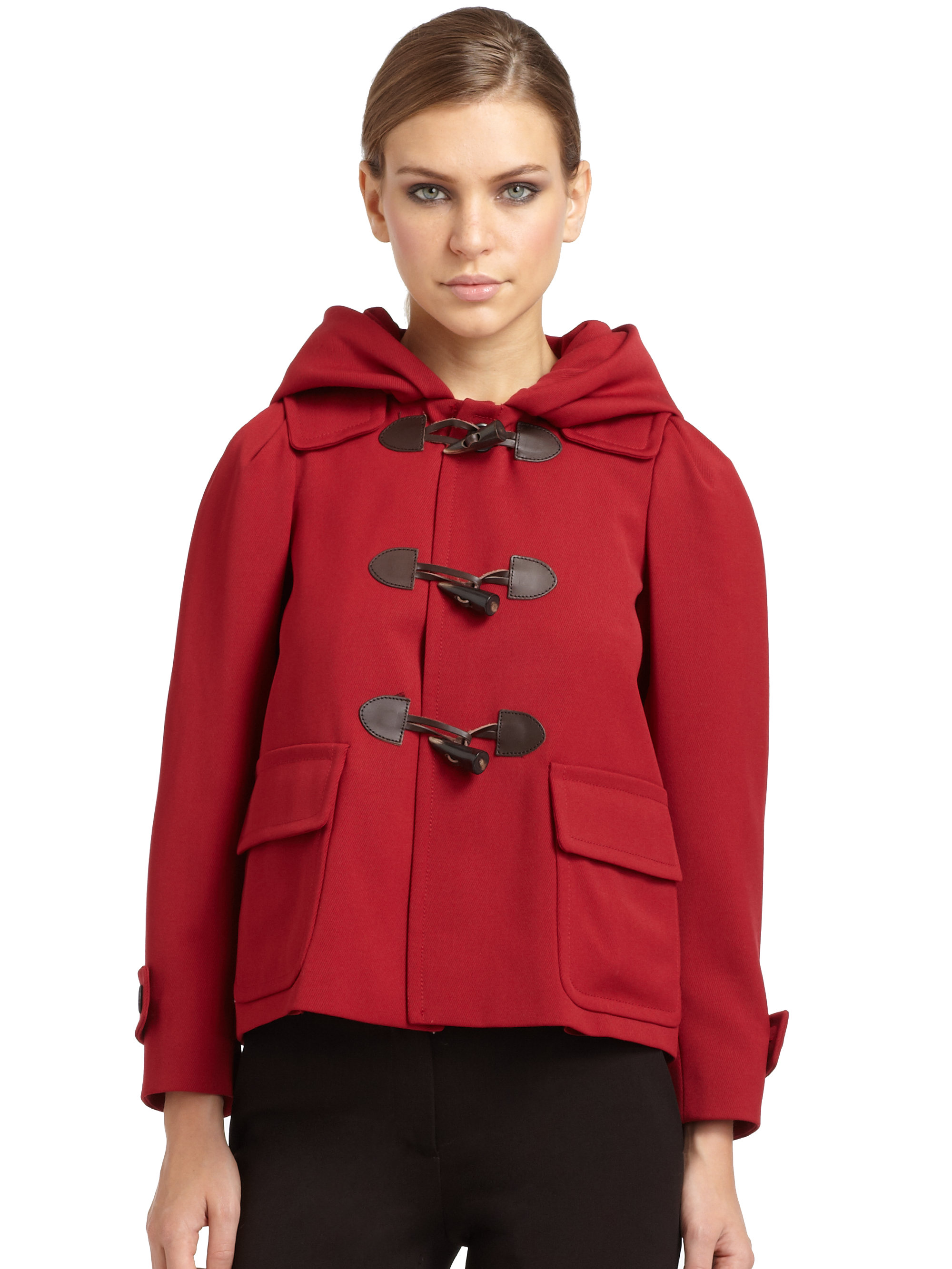 red wool toggle coat