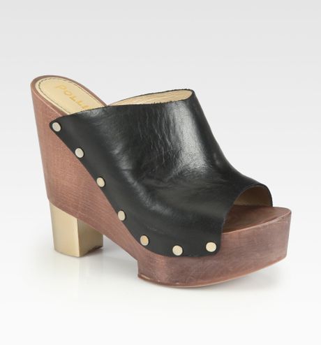 Pollini Studded Leather Wooden Clogs in Black | Lyst