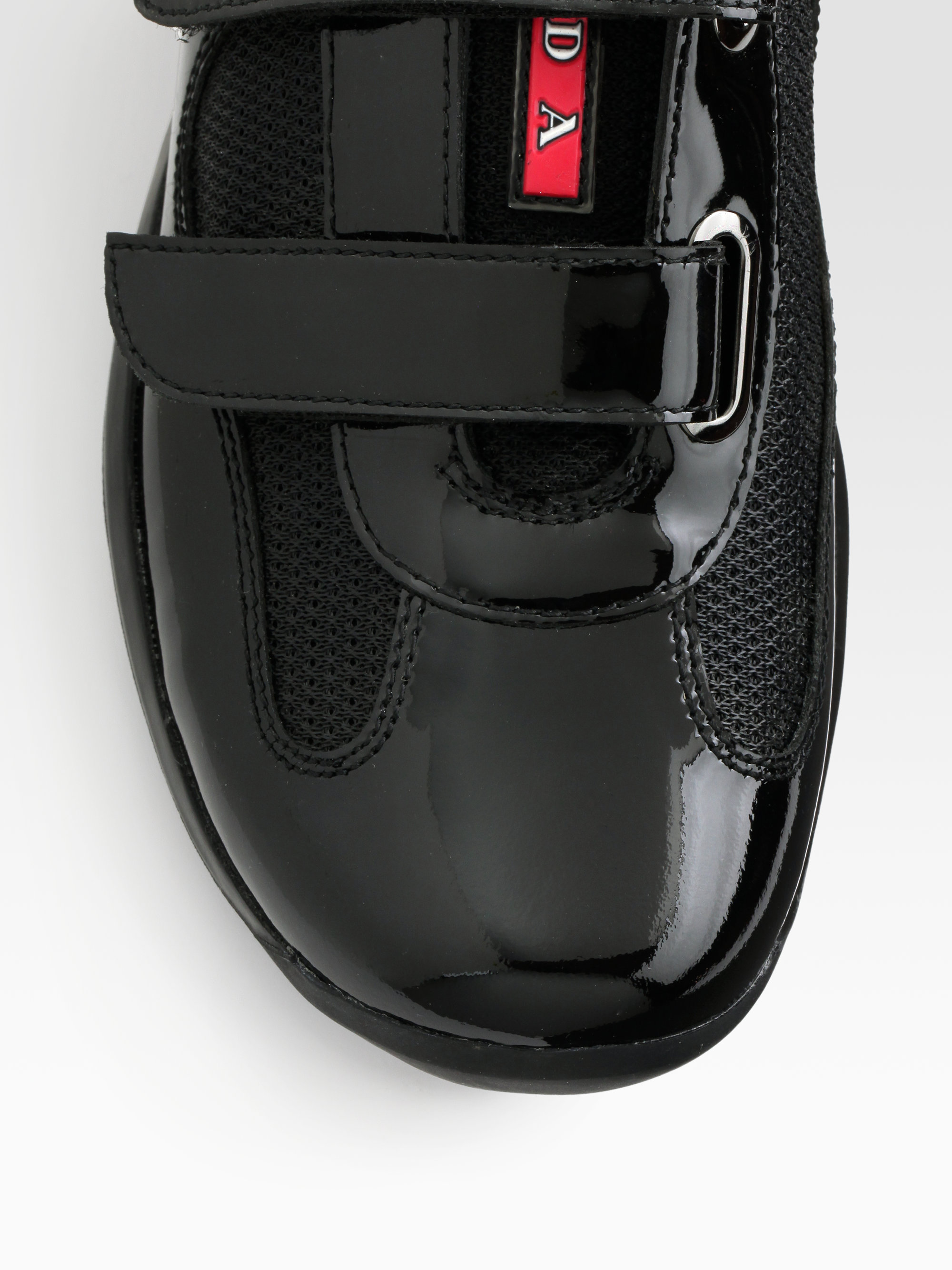 Prada Americas Cup Patent Leather Mesh Sneakers in Black | Lyst
