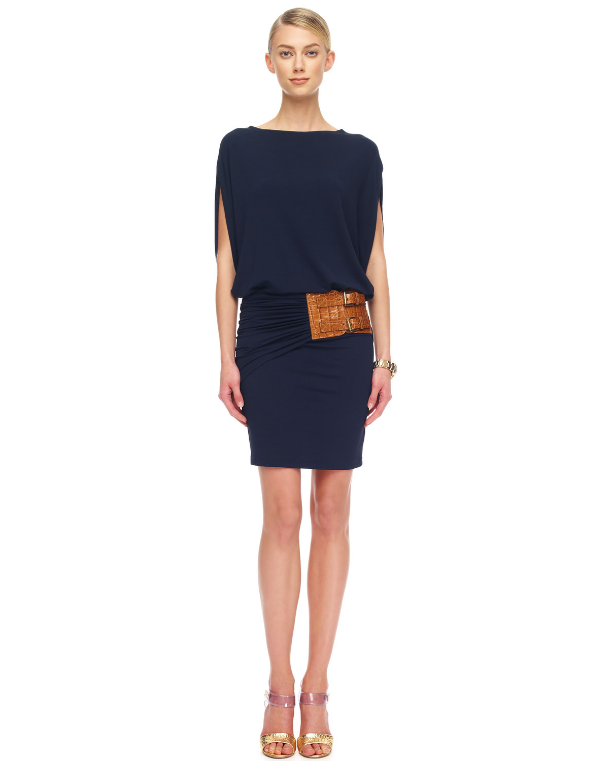 Lyst Michael Kors Belted Jersey Dress In Blue Gallery